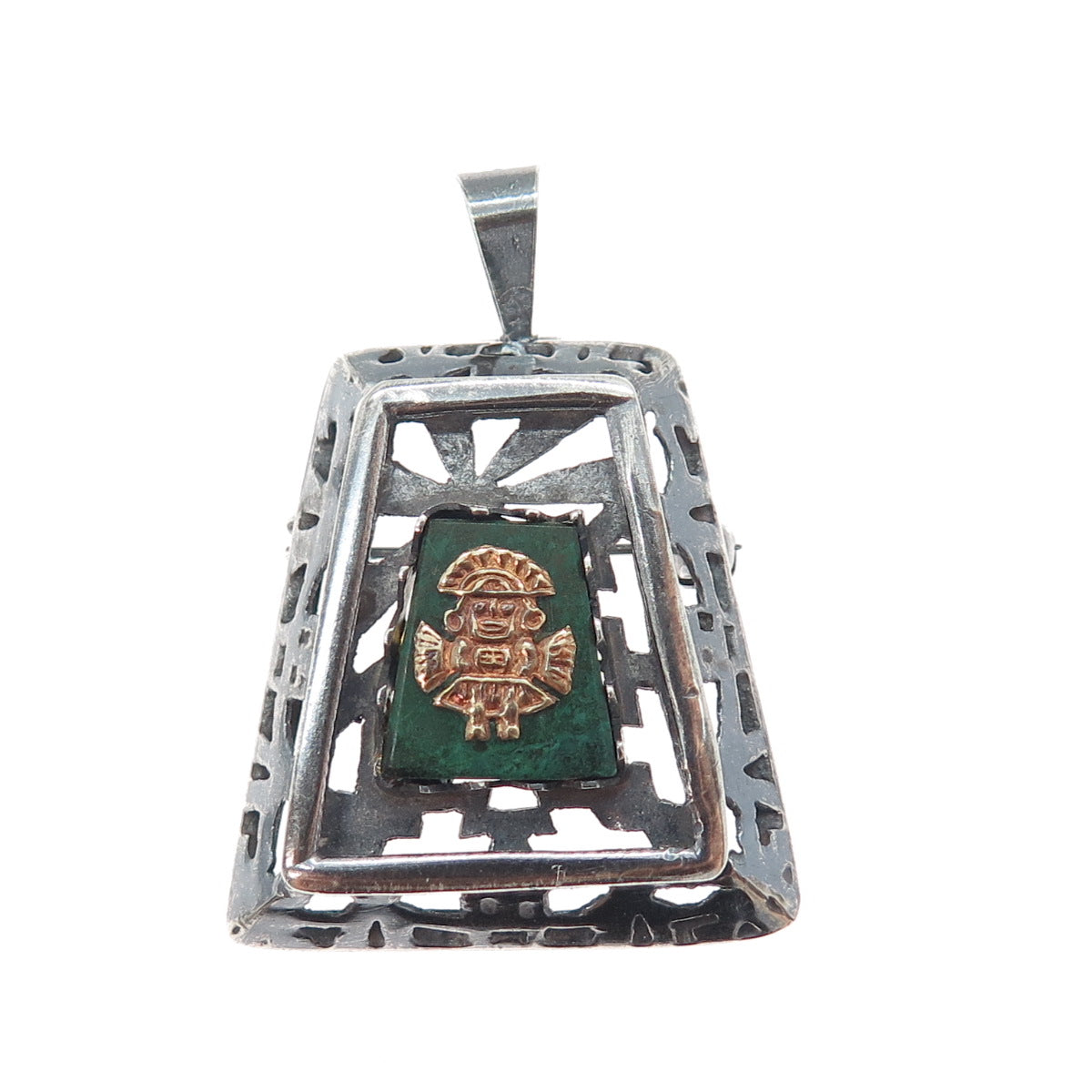 925 Sterling Silver 18K Gold Vintage Peru Azurite God Oxidized Brooch Pendant
