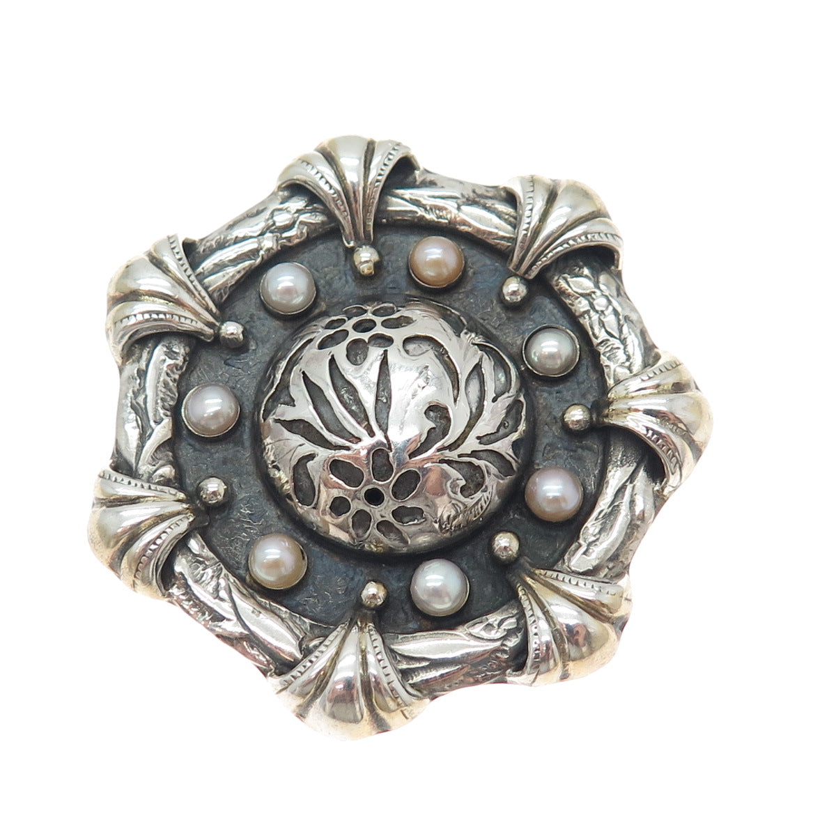925 Sterling Silver Vintage Artisan Real Pearl Flower Oxidized Brooch / Pendant