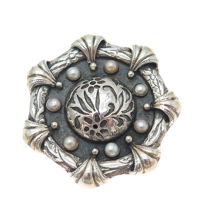 925 Sterling Silver Vintage Artisan Real Pearl Flower Oxidized Brooch / Pendant