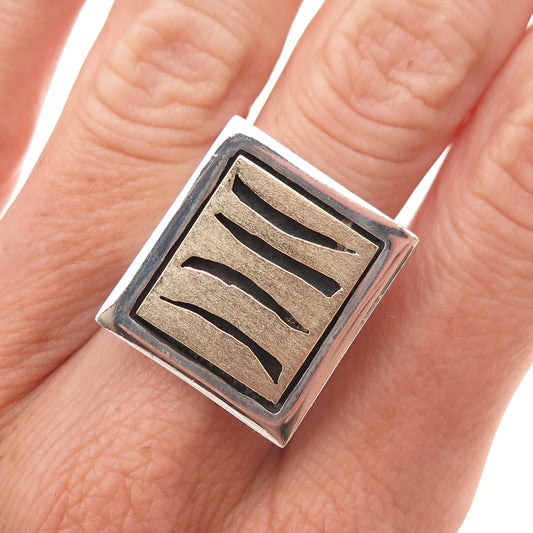 925 Sterling Silver 14K Gold Vintage Modernist Oxidized Ring Size 7