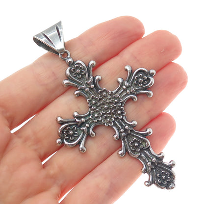 925 Sterling Silver Vintage Mexico Flower Cross Oxidized Charm Pendant