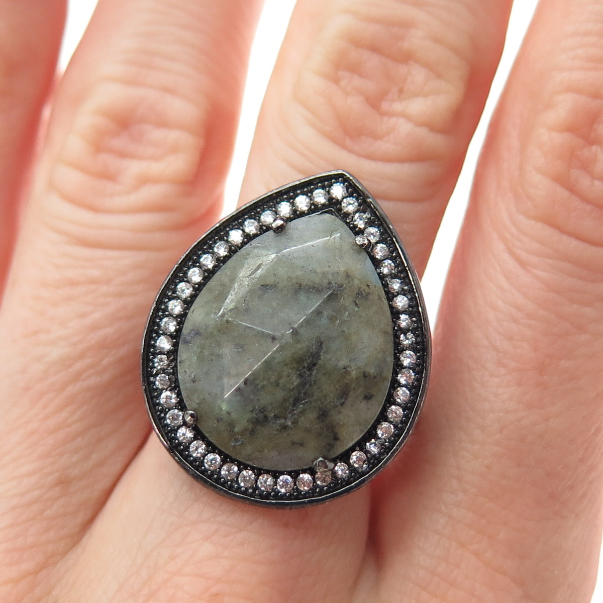 925 Sterling Silver Black Rhodium Real Labradorite & C Z Teardrop Ring Size 9.25