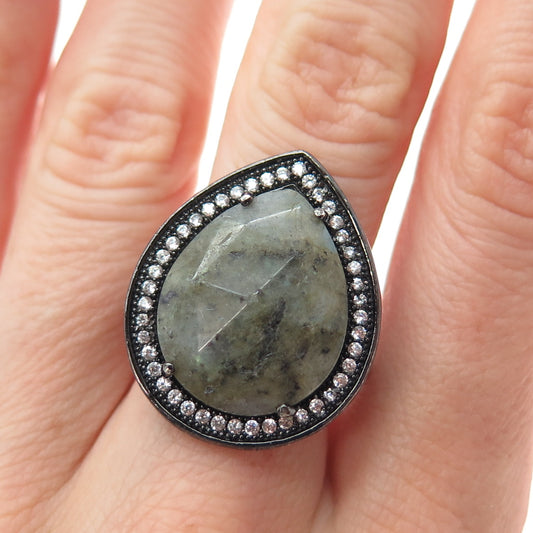 925 Sterling Silver Black Rhodium Real Labradorite & C Z Teardrop Ring Size 9.25