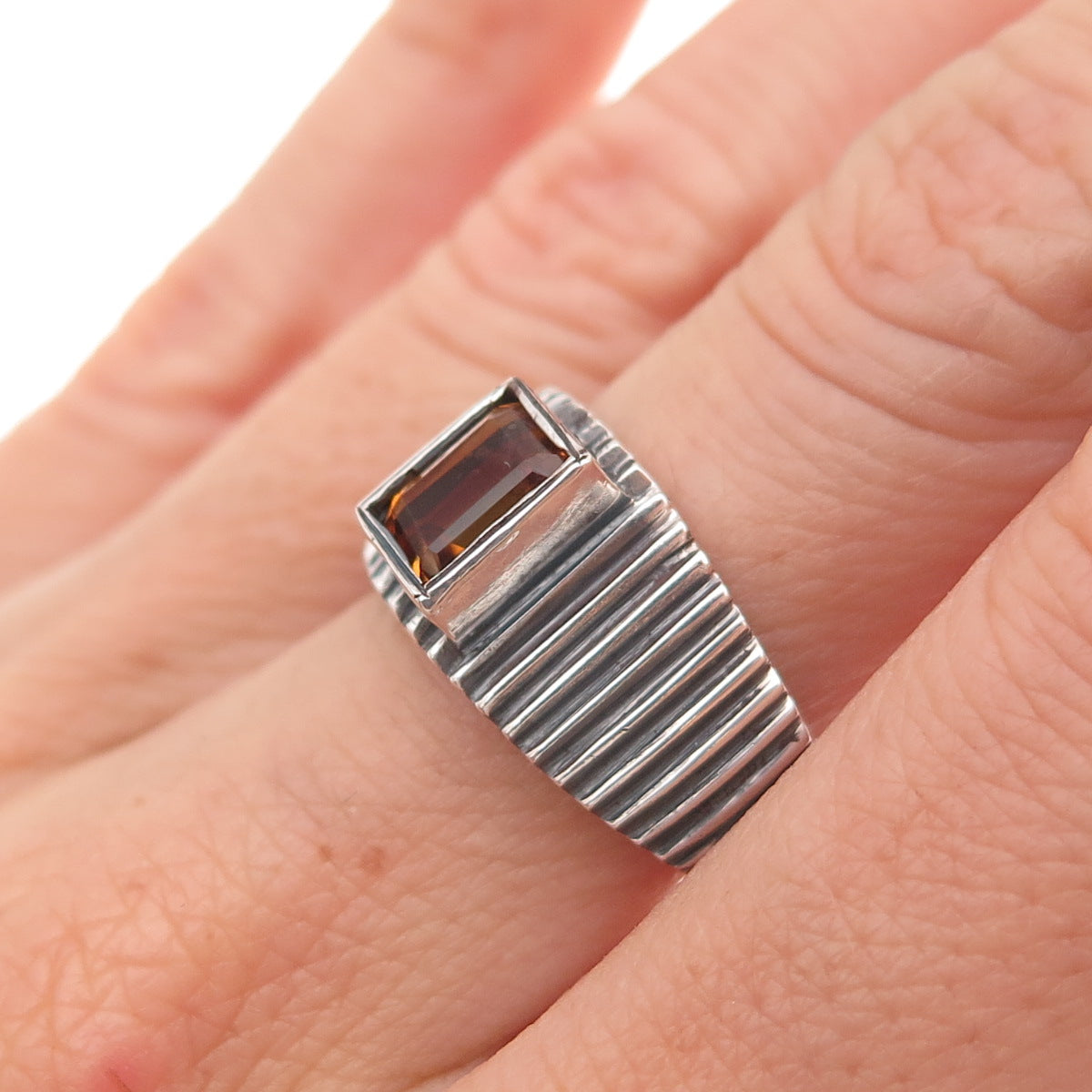 950 Silver Vintage Real Citrine Ribbed Oxidized Ring Size 6.75