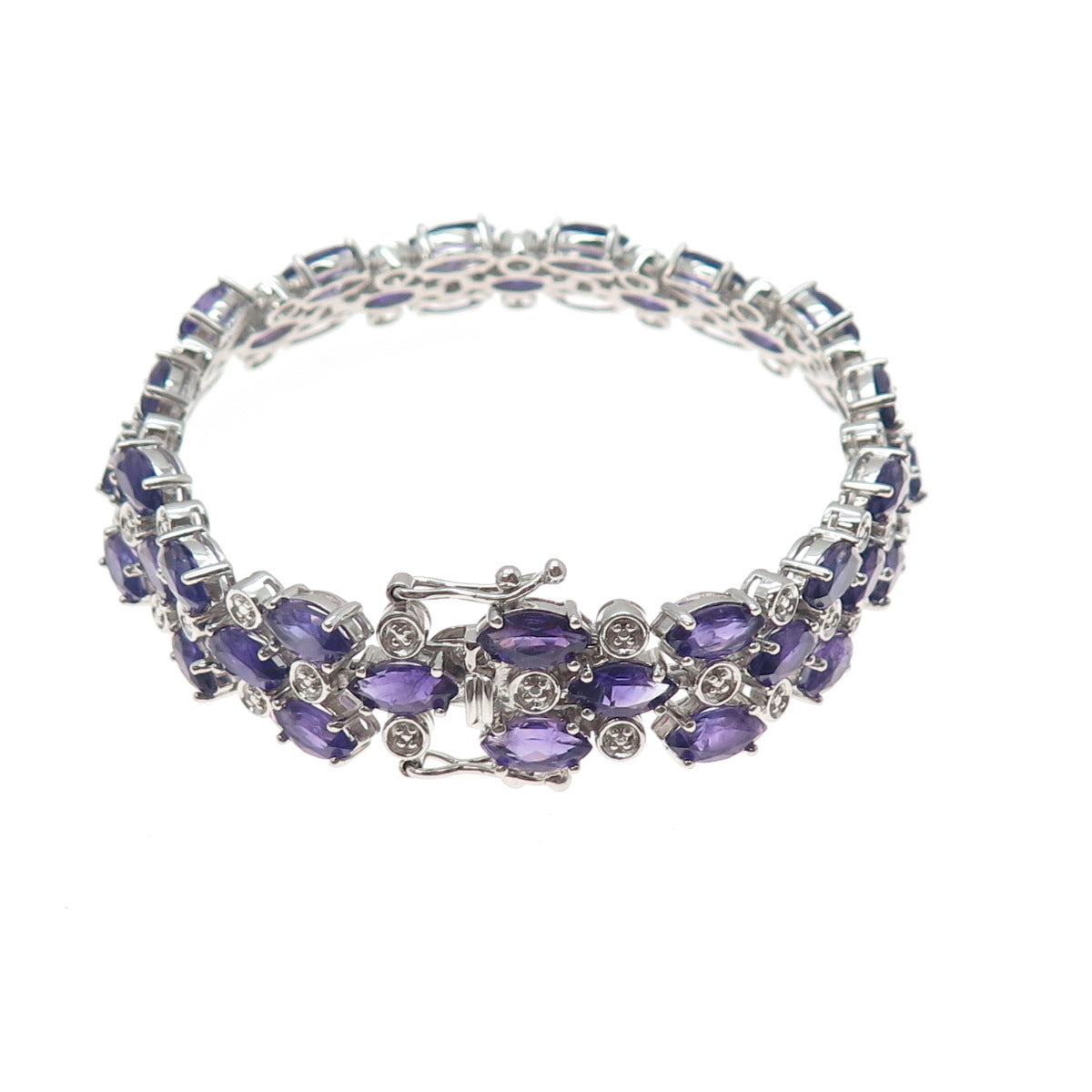 FADI 925 Sterling Real Round-Cut Diamond & Marquise-Cut Amethyst Bracelet 7.25"