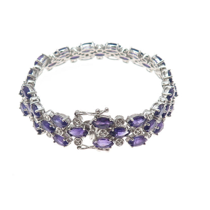 FADI 925 Sterling Real Round-Cut Diamond & Marquise-Cut Amethyst Bracelet 7.25"