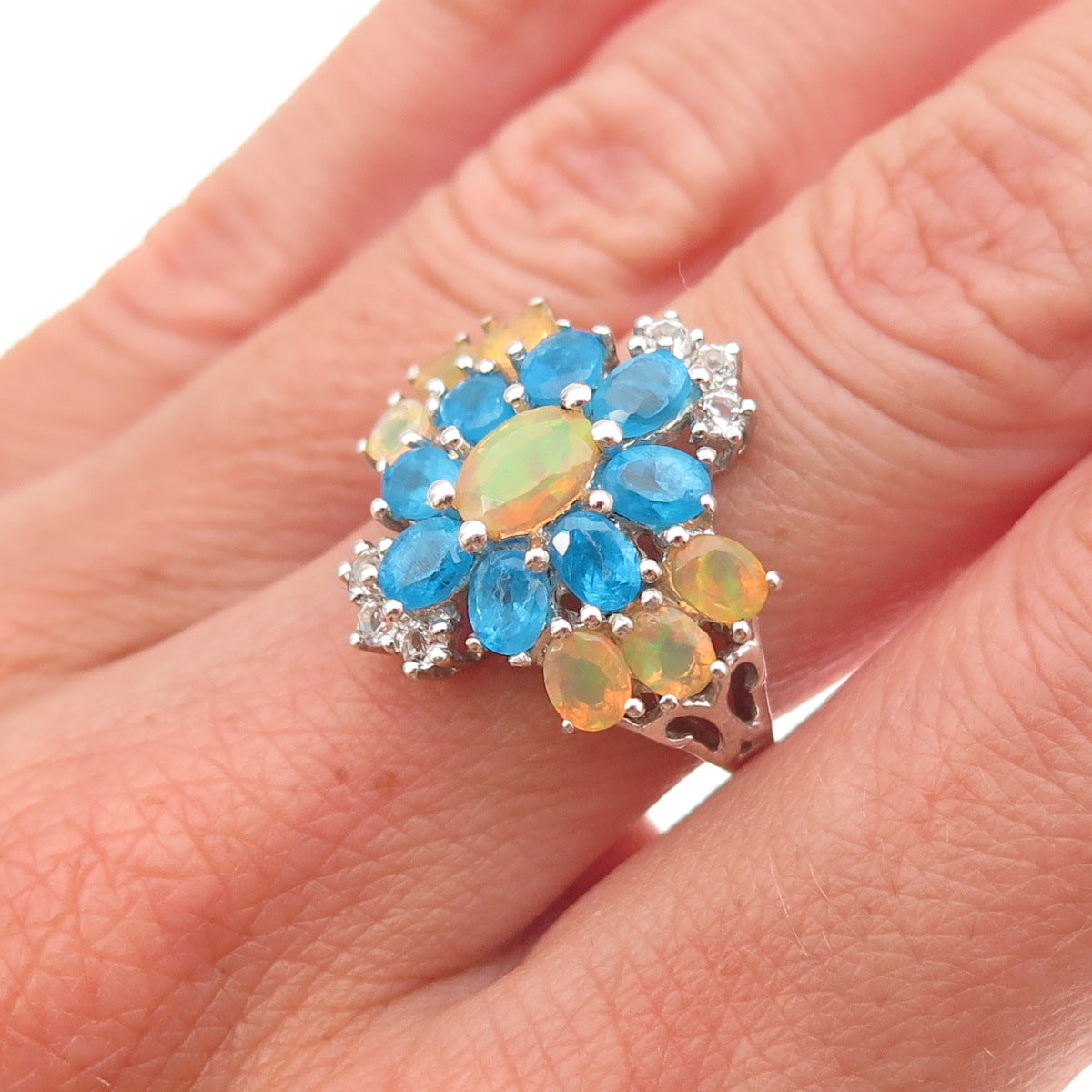 925 Sterling Silver Real Opal Apatite & White Topaz Ring Size 5.5