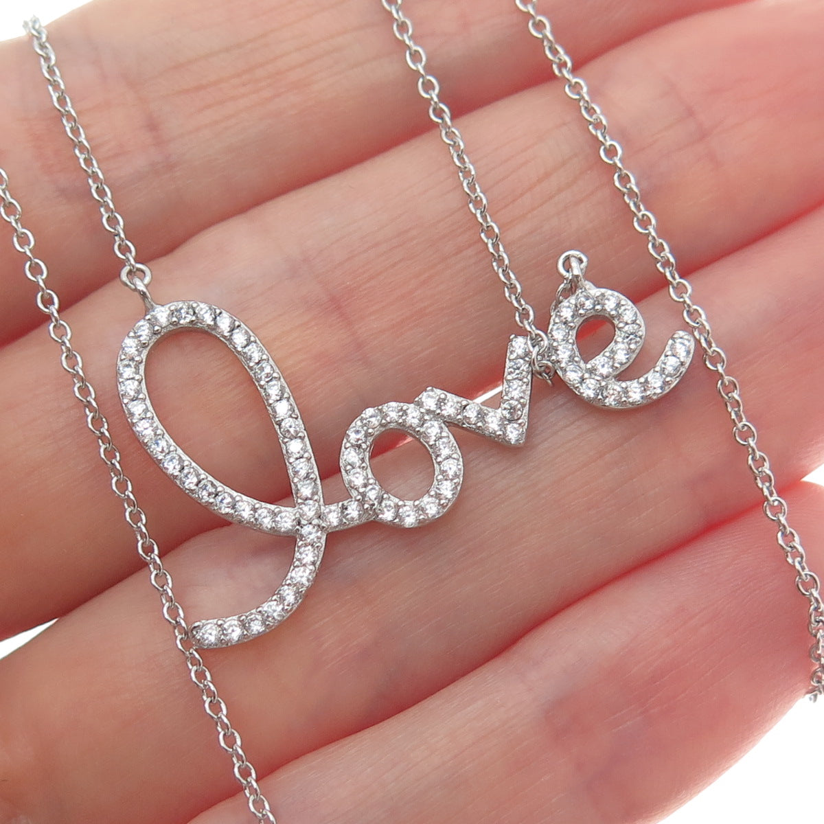 925 Sterling Silver Round-Cut Shaped C Z Love Cable Chain Necklace 18"
