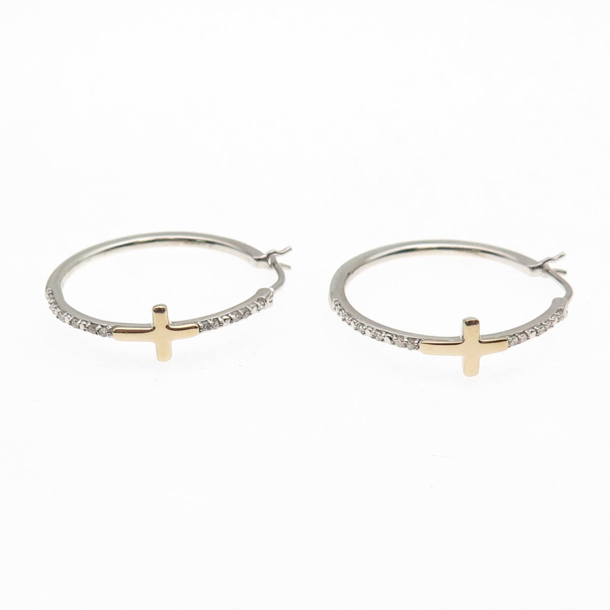 Sun 925 Sterling Silver 10K Gold Real Round-Cut Diamond Cross Hoop Earrings