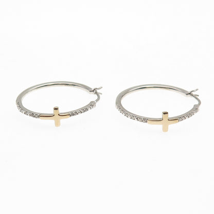 Sun 925 Sterling Silver 10K Gold Real Round-Cut Diamond Cross Hoop Earrings