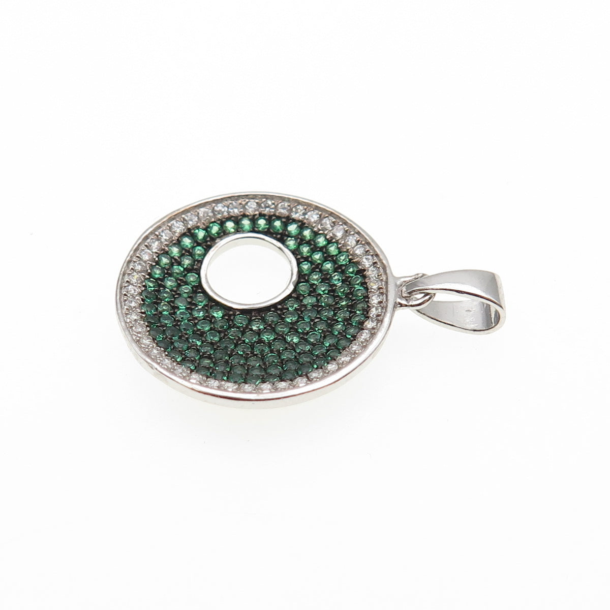 925 Sterling Silver Real Round-Cut Chrome Diopside & C Z Crescent Charm Pendant