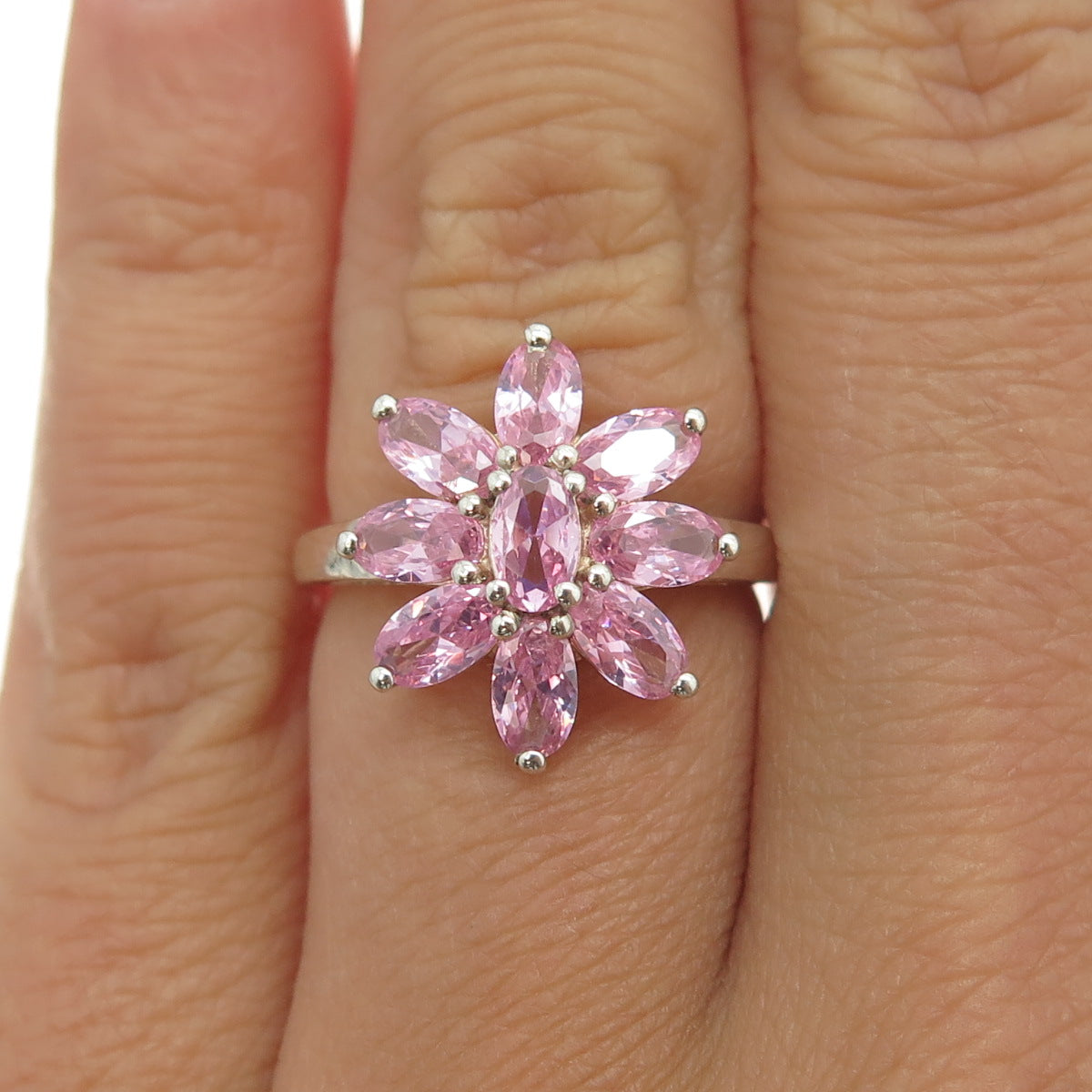 CHUCK CLEMENCY 925 Sterling Silver Pink Oval-Cut Shaped C Z Floral Ring Size 5