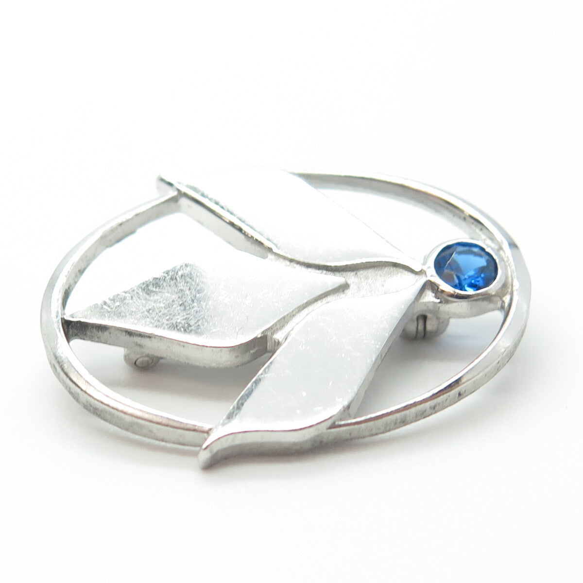 925 Sterling Silver CTO Vintage Blue C Z Floral Oval Pin Brooch