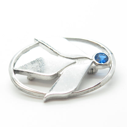 925 Sterling Silver CTO Vintage Blue C Z Floral Oval Pin Brooch