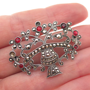 830S Silver Antique Germany Marcasite & Rhinestone Pin Brooch (missing 2 stones)