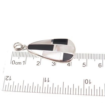925 Sterling Silver Vintage Real Black Onyx & MOP Modernist Charm Pendant