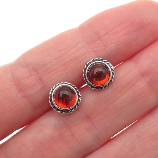 925 Sterling Silver Vintage Real Amber Oxidized Stud Earrings