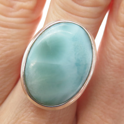 925 Sterling Silver Vintage Real Cabochon Larimar Modernist Ring Size 7.25