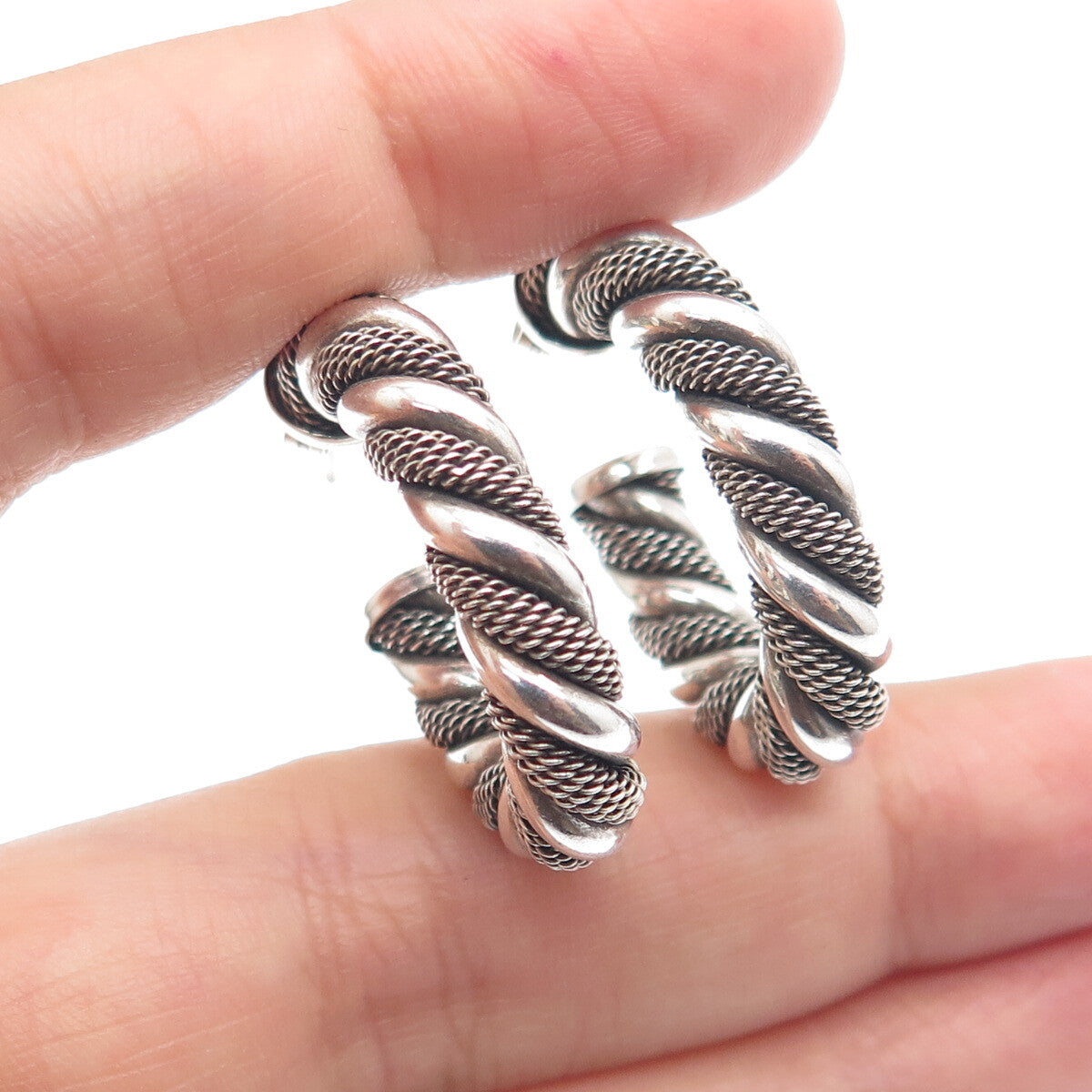 925 Sterling Silver Vintage Twisted Mesh Hoop Oxidized Earrings