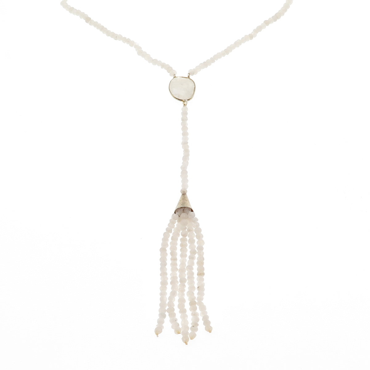 925 Sterling Gold Plated Vintage Real Moonstone Tassel Beaded Chain Necklace 28"