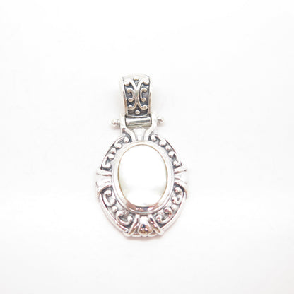 925 Sterling Silver Vintage Real Mother-of-Pearl Ornate Pendant