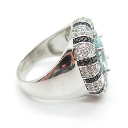 925 Sterling Silver Real Blue & White Topaz Black Spinel Ring Size 8