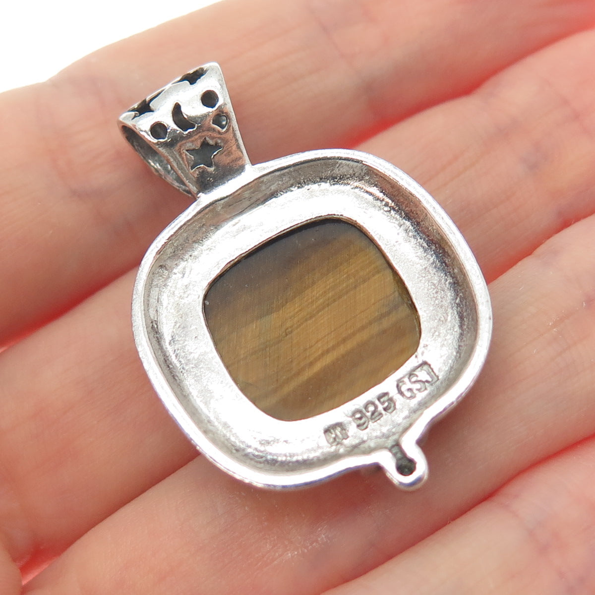 GSJ GOLD STONE 925 Sterling Silver Vintage Real Tiger Eye Oxidized Pendant