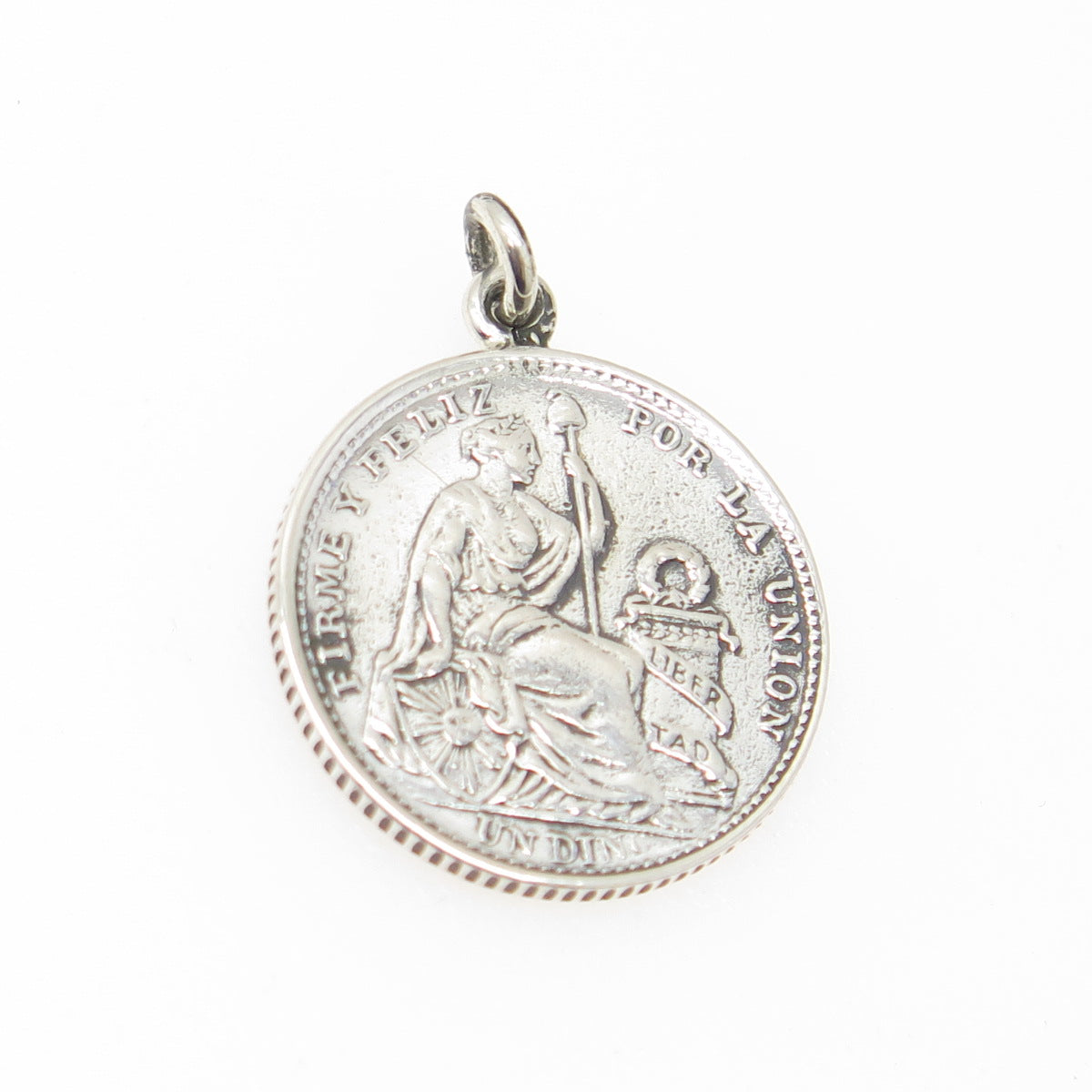 900 Silver Antique 1905 FIRME Y FELIZ POR LA UNION 1 Dinero Coin Pendant