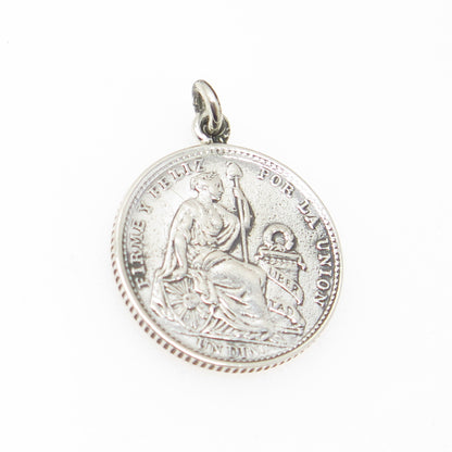 900 Silver Antique 1905 FIRME Y FELIZ POR LA UNION 1 Dinero Coin Pendant