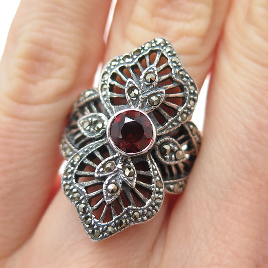 925 Sterling Silver Vintage Real Red Garnet Marcasite Art Deco Style Ring Size 6