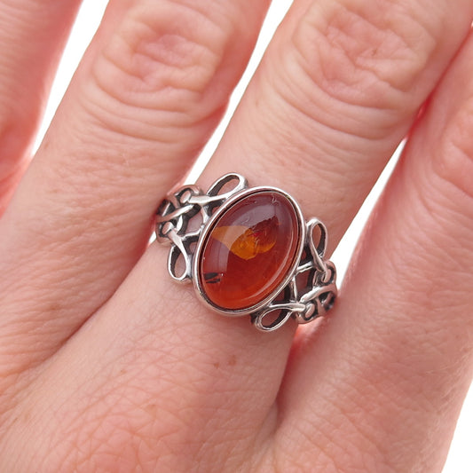Or Paz PZ 925 Sterling Silver Vintage Poland Real Amber Oxidized Ring Size 8.25