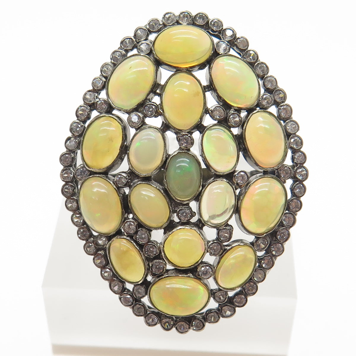 925 Sterling Silver Black Rhodium Real Opal & White Topaz Cluster Ring Size 6.75