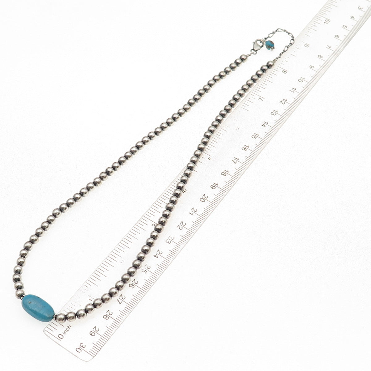 925 Sterling Silver Vintage Real Turquoise Ball Beaded Chain Necklace 16-18"
