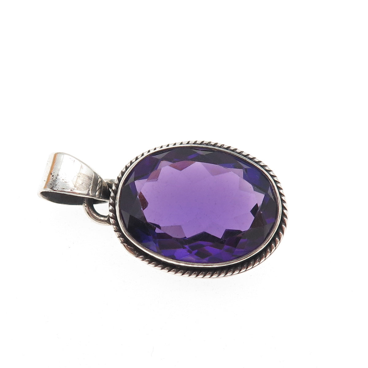 925 Sterling Silver Vintage Real Oval-Cut Amethyst Charm Pendant