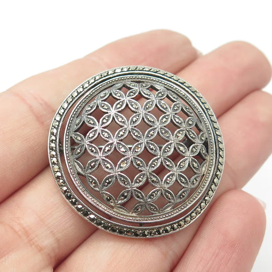 925 Sterling Silver Vintage Real Marcasite Gemstone Ornate Pin Brooch