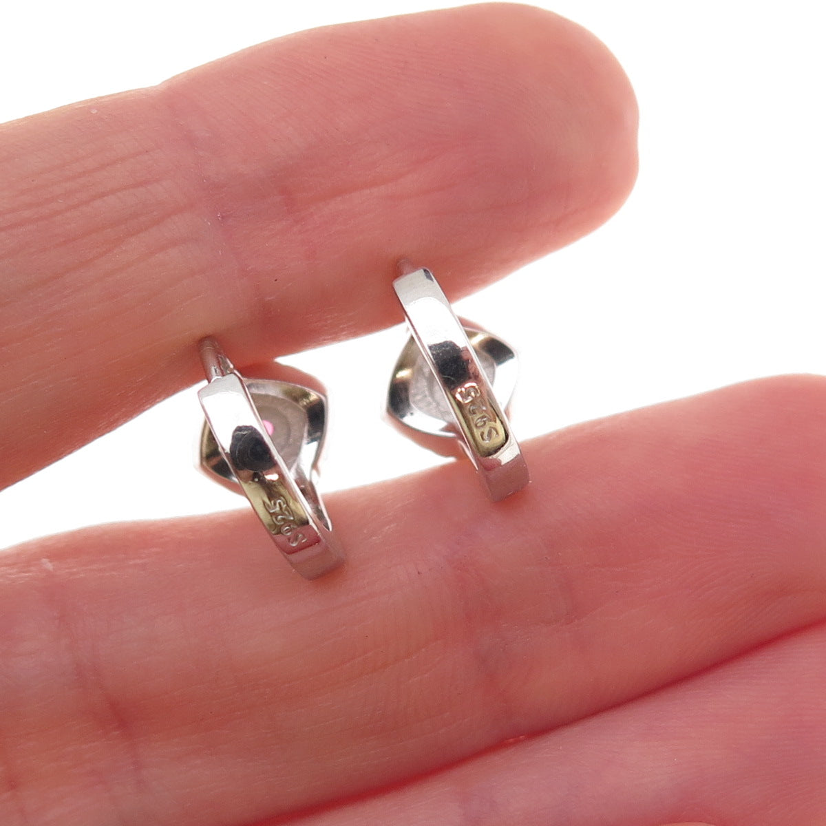 925 Sterling Silver Pink & White C Z Hoop Earrings