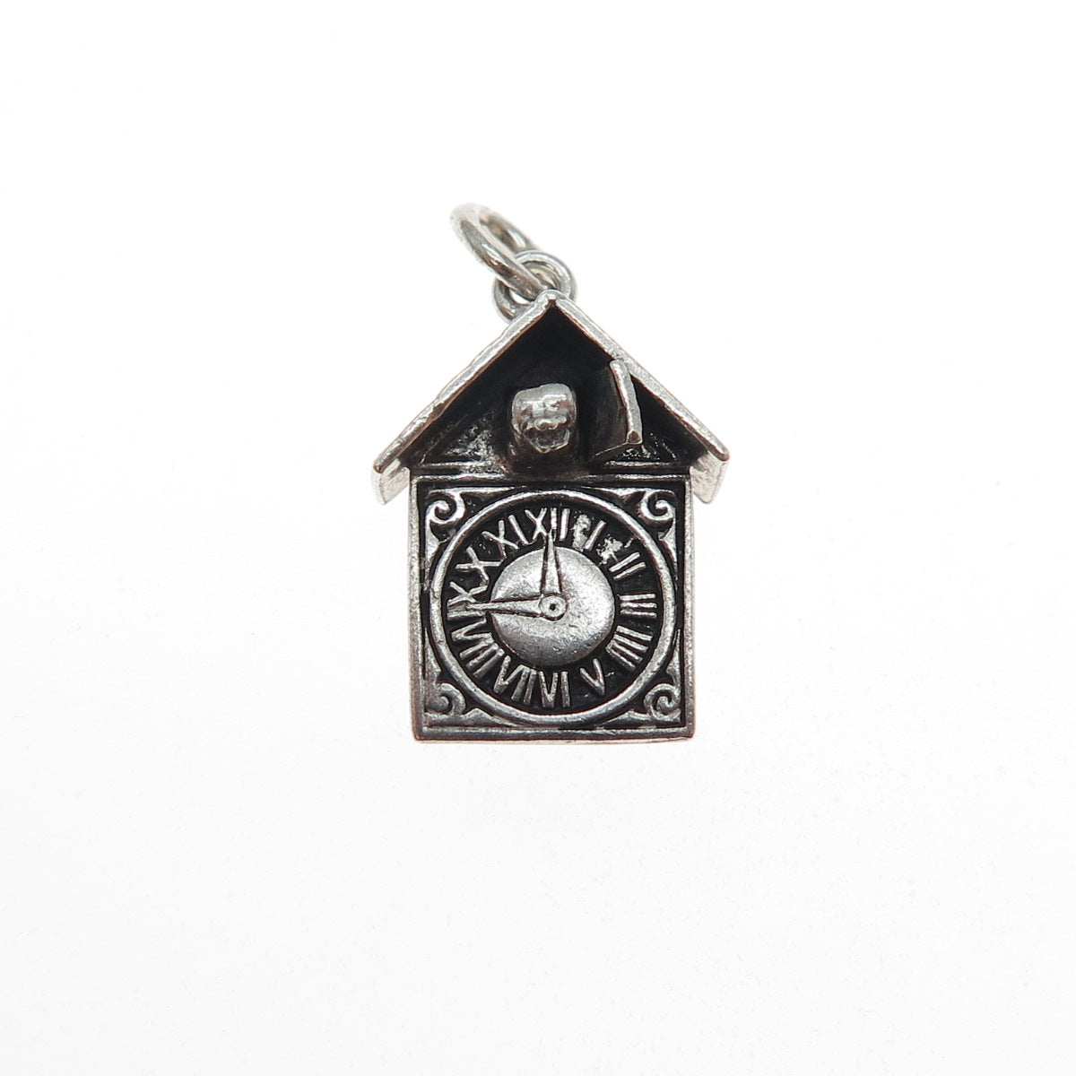925 Sterling Silver Antique Art Deco Cuckoo Clock Oxidized Mini Charm Pendant