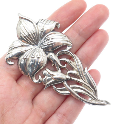 925 Sterling Silver Antique Art Deco Lily Flower Repousse Oxidized Pin Brooch