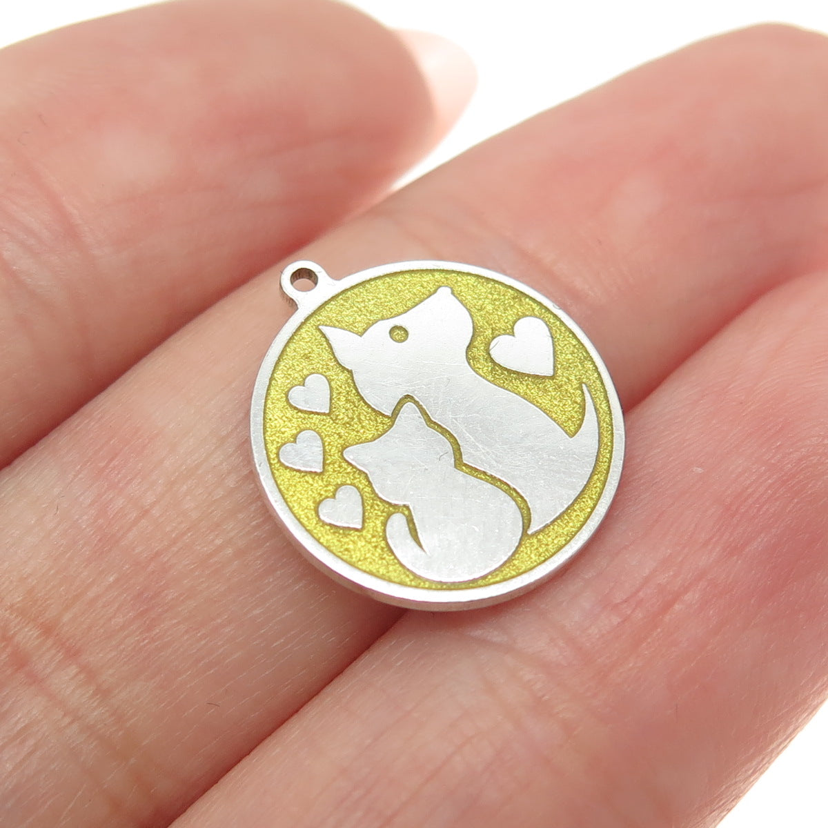 Tokemoti 925 Sterling Silver Yellow Enamel Cat Dog Round Tag Minimalist Pendant