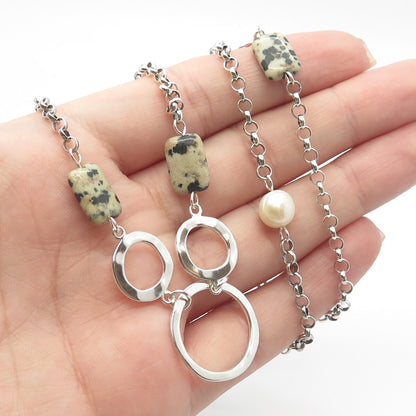 925 Sterling Silver Vintage Robert Lee Morris Pearl & Jasper Chain Necklace 28"