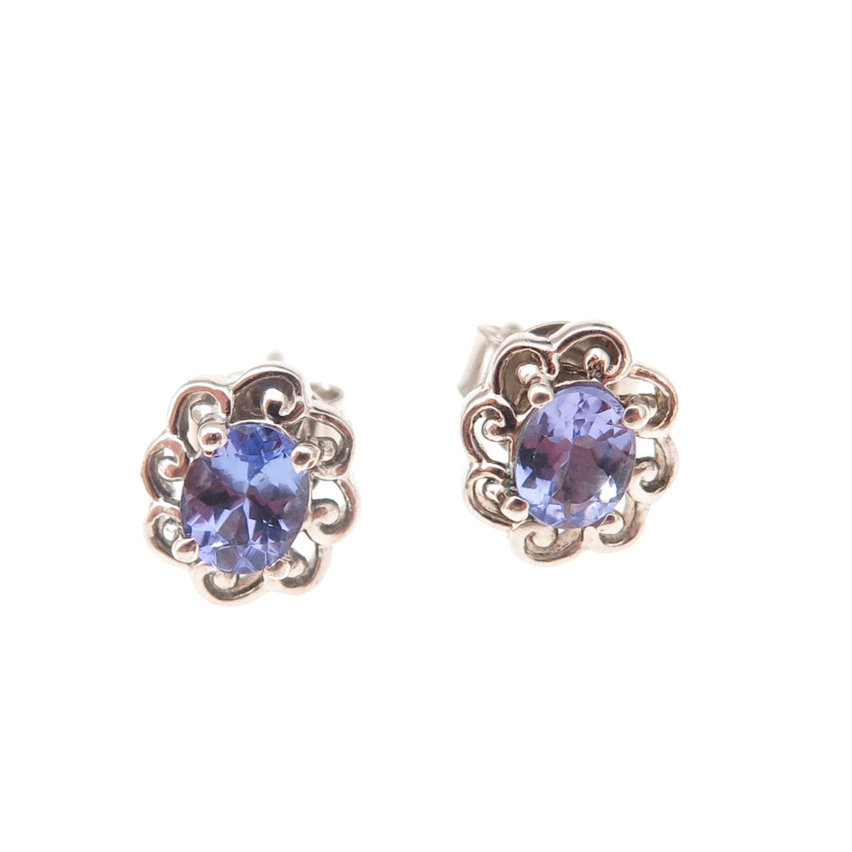 Chuck Clemency 925 Sterling Silver Real Oval-Cut Tanzanite Floral Stud Earrings