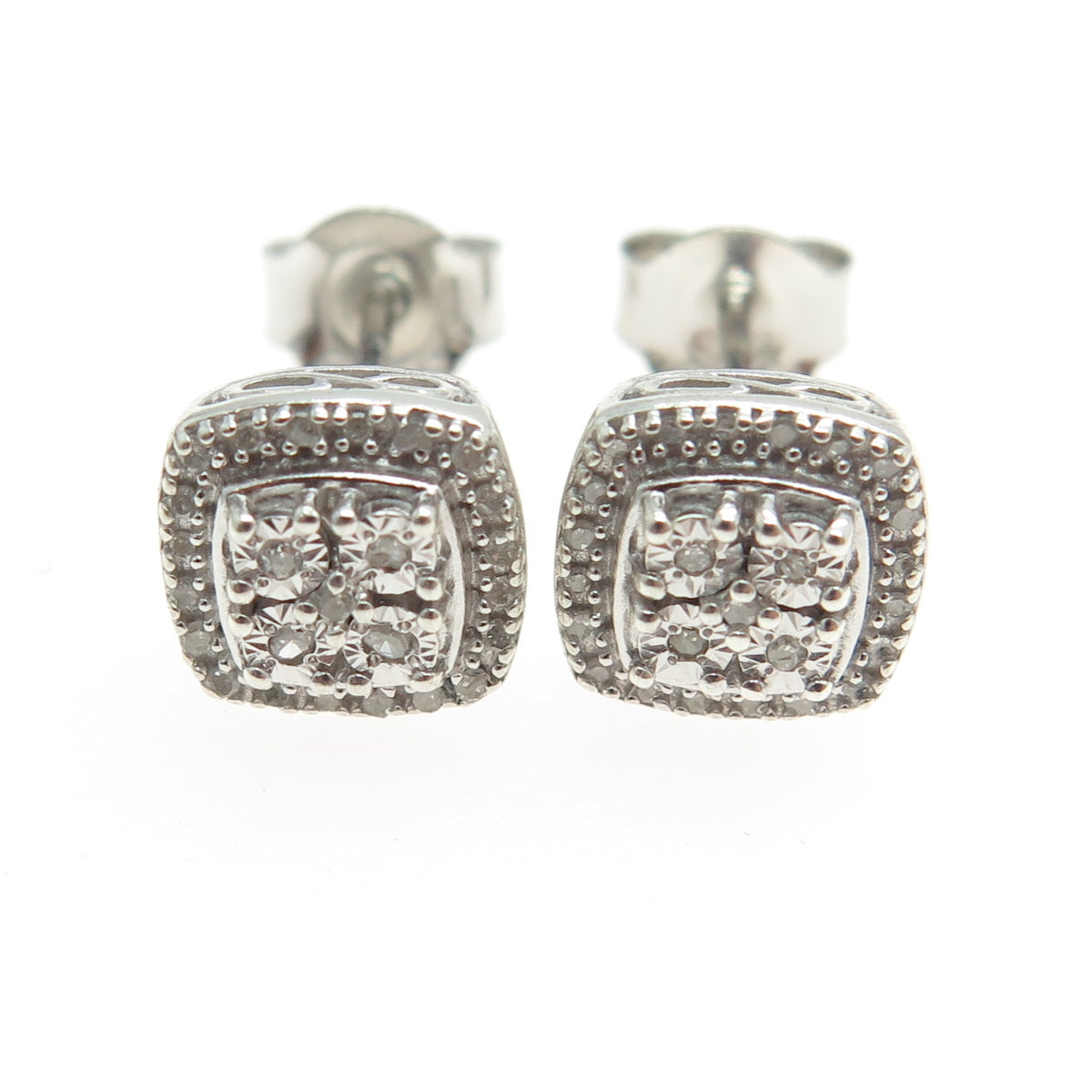 SK9 Allure Gems 925 Sterling Silver Real Round-Cut Diamond Square Stud Earrings