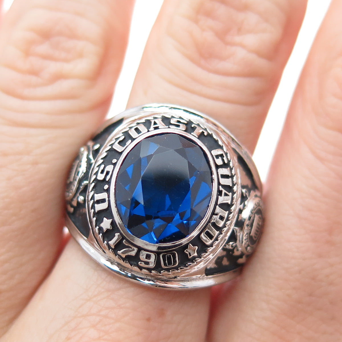 CREST CRAFT Sterling Vintage Lab-Created Sapphire US Coast Guard Ring Size 9.75