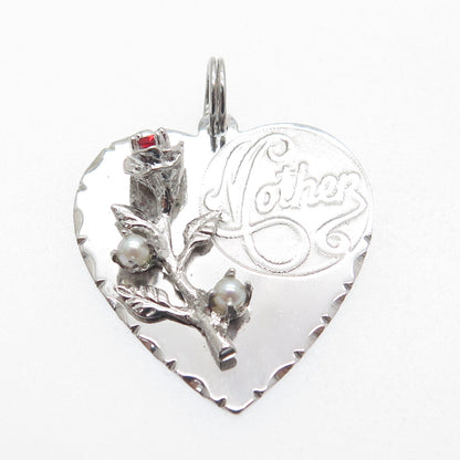 TOWN & COUNTRY 925 Sterling Vintage Rhinestone Faux Pearl "Mother" Heart Pendant