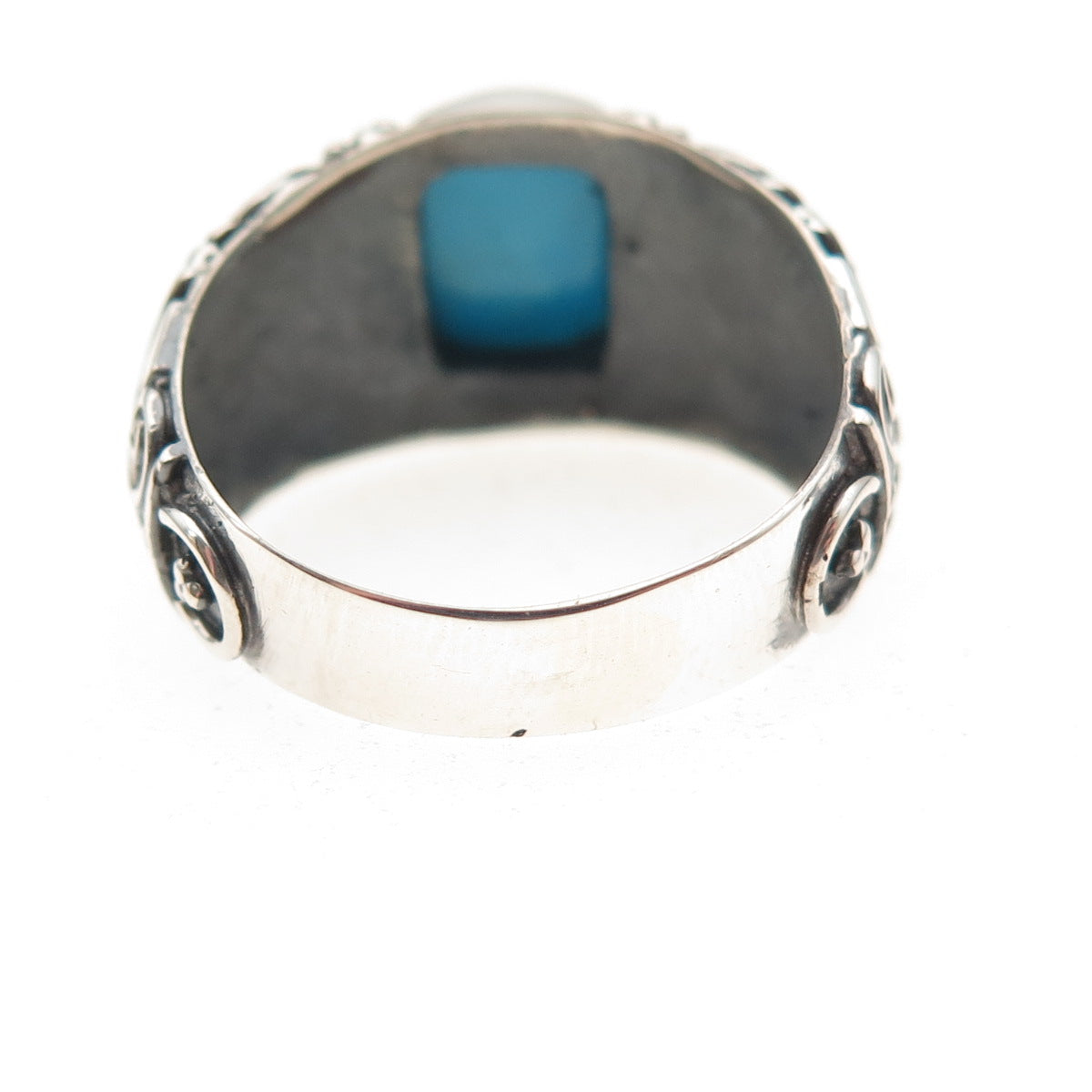 925 Sterling Silver Vintage Real Turquoise Spiral Oxidized Ring Size 6.75