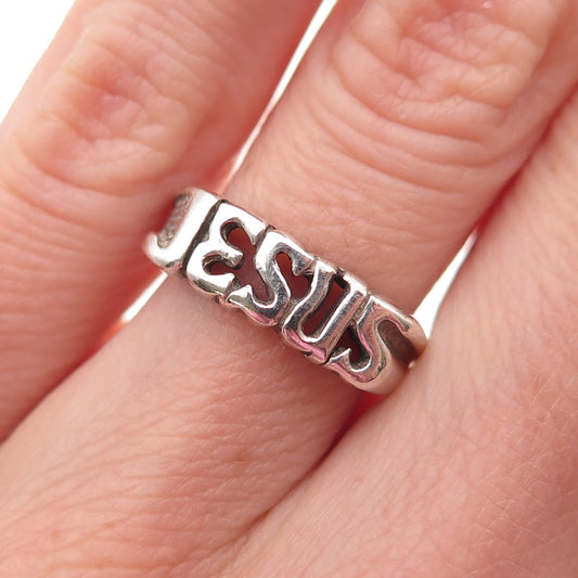 925 Sterling Silver Vintage Jesus Oxidized Name Ring Size 4.75