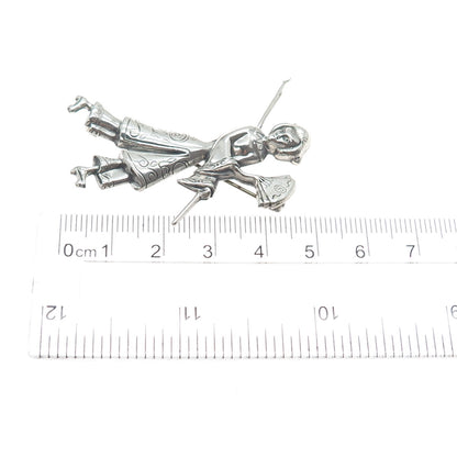 LANG 925 Sterling Silver Antique Art Deco Japanese Geisha Oxidized Pin Brooch