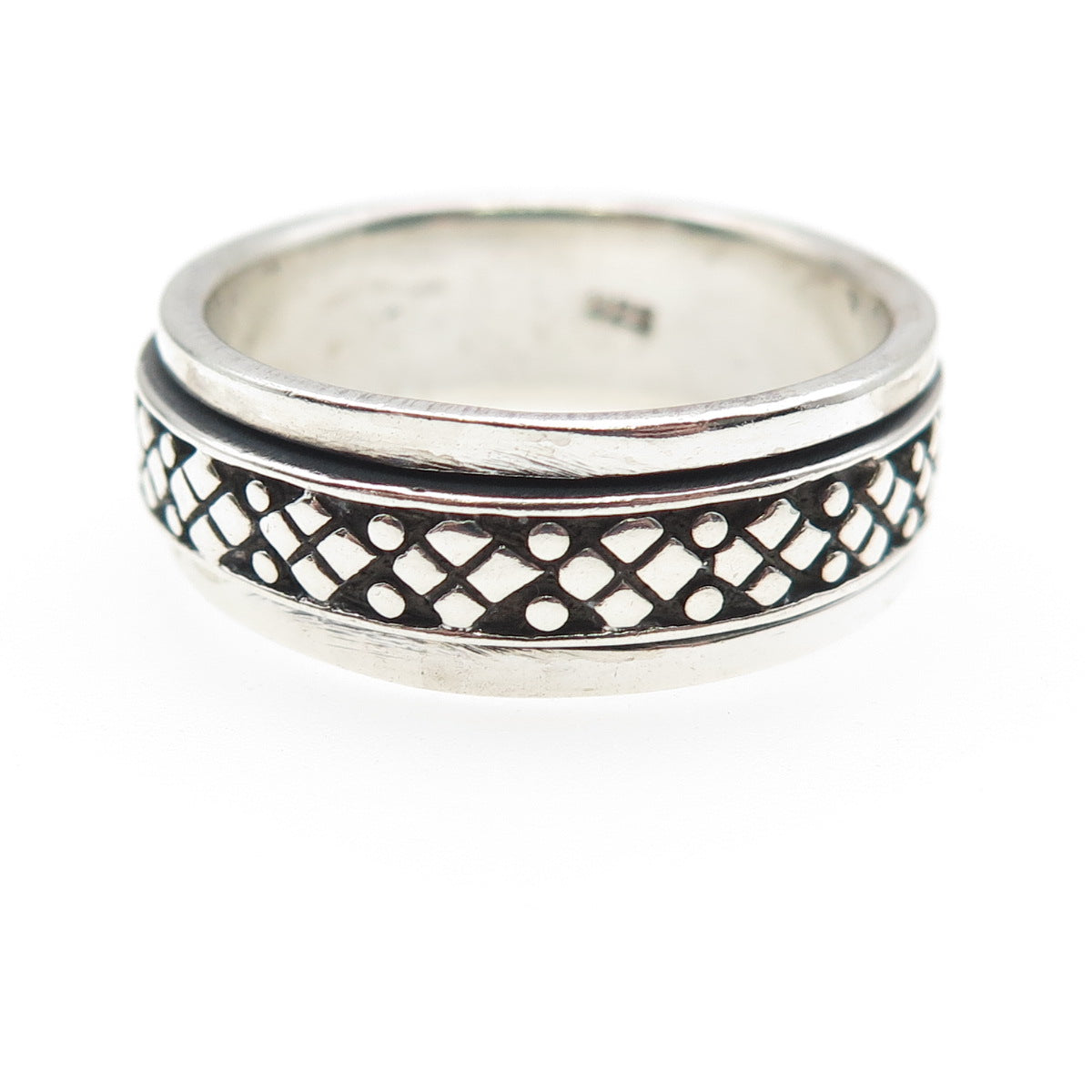 925 Sterling Silver Vintage Granulated Oxidized Rotating Band Ring Size 12.75