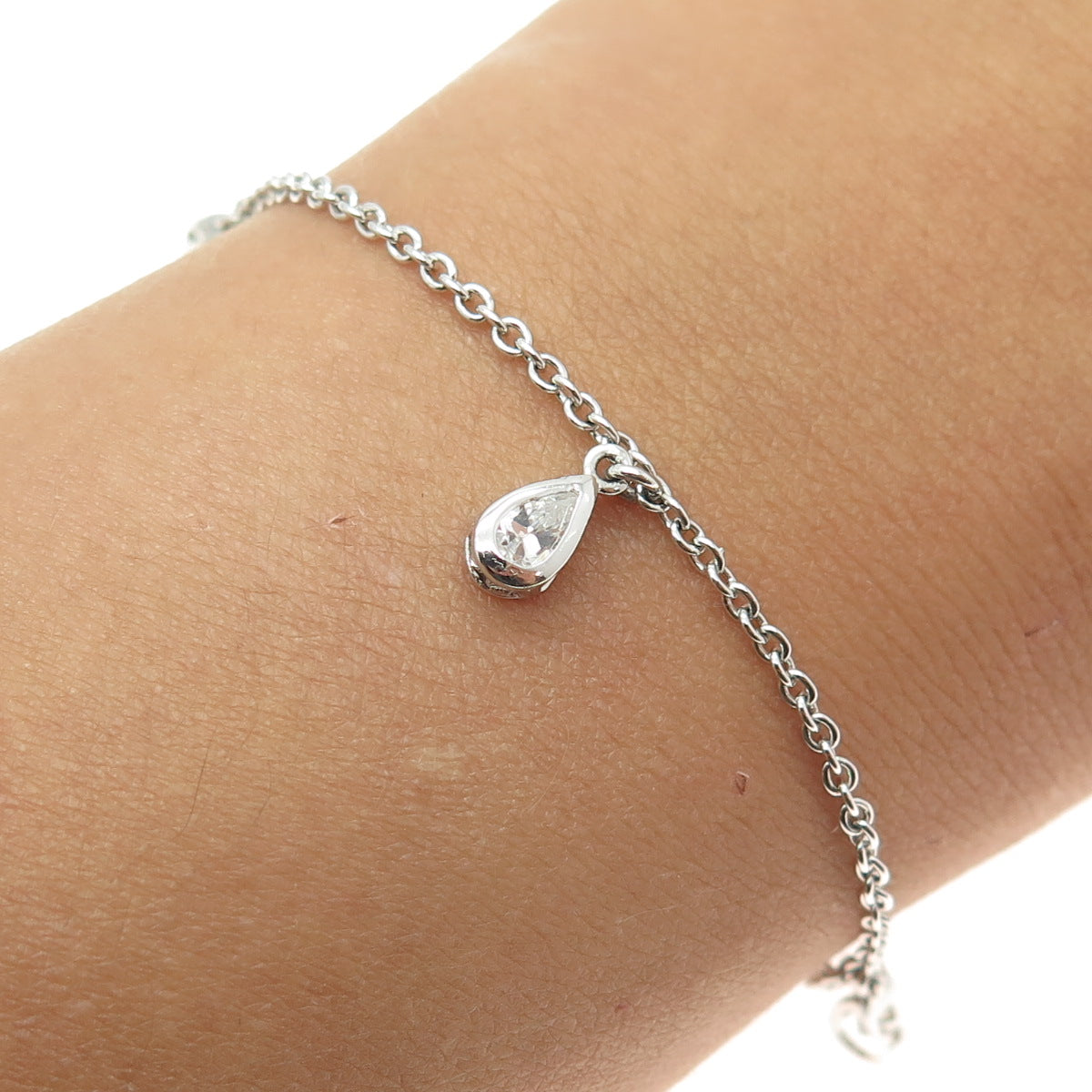 925 Sterling Silver Pear-Cut Shaped C Z Station Cable Link Anklet / Bracelet 10"