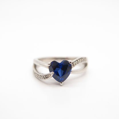925 Sterling Silver Real White Diamond & Lab-Created Sapphire Heart Ring Size 6